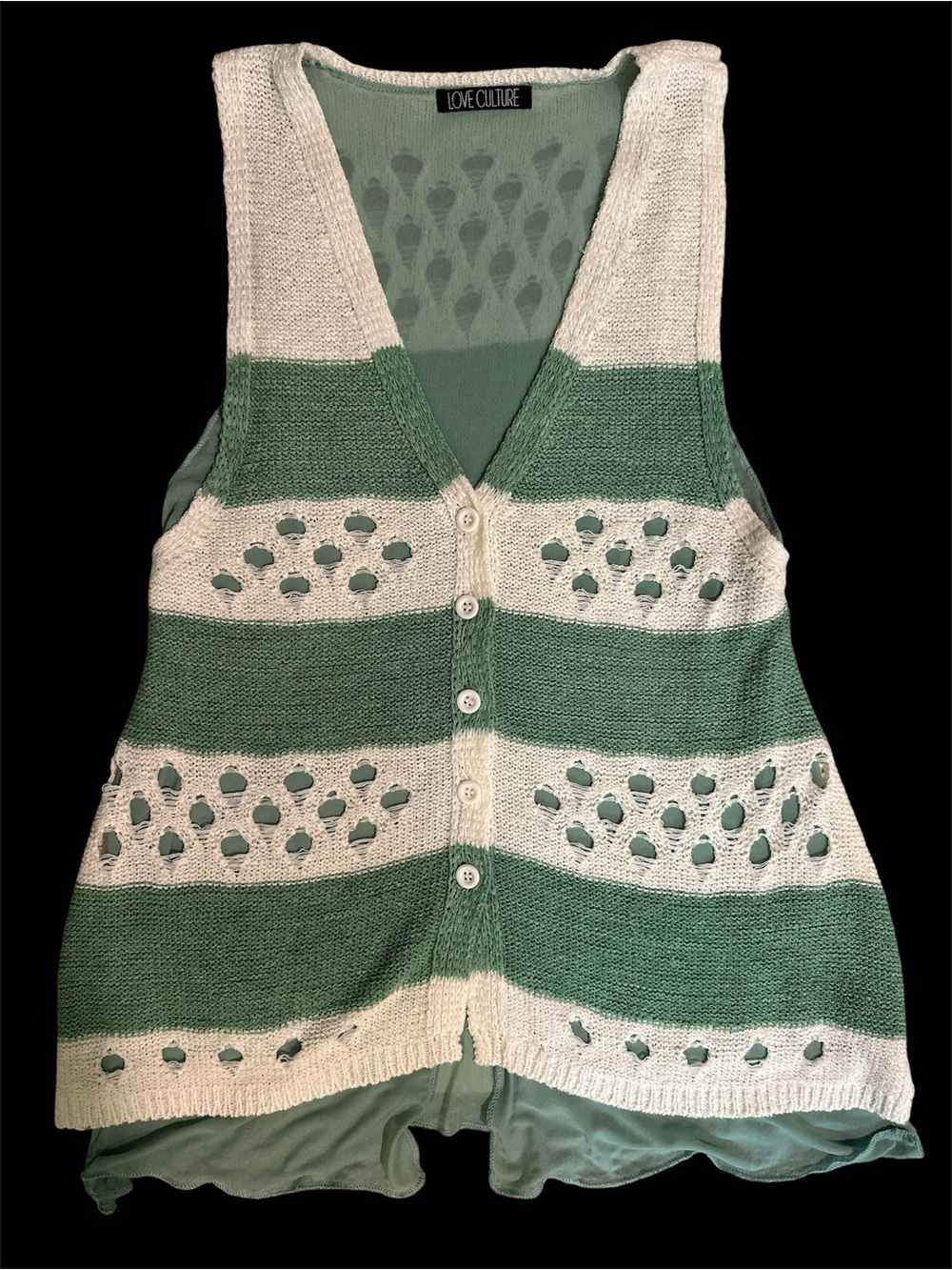 Love Culture green and white striped button-front knit sweater vest M/L